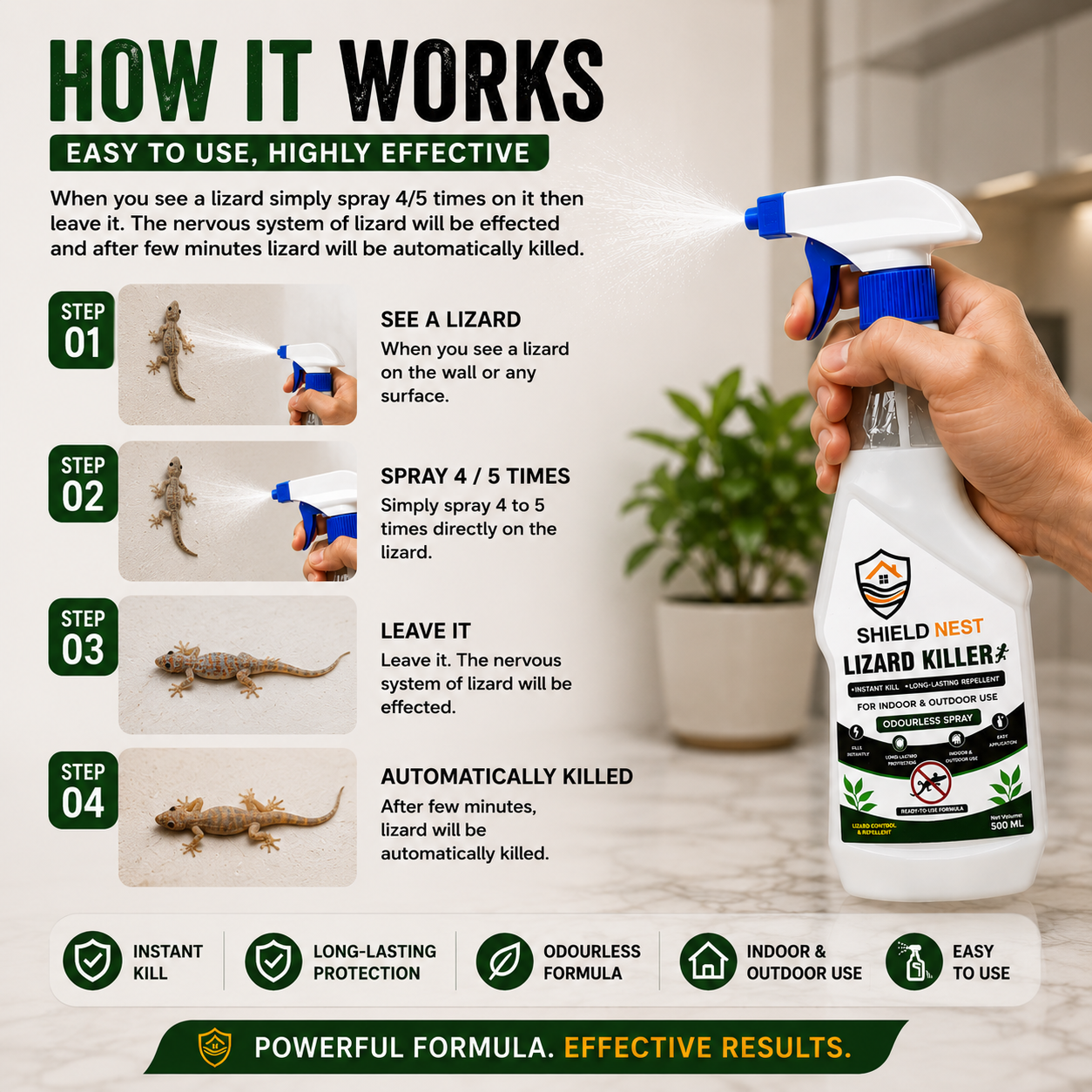 Lizard Killer – Odourless Instant Kill & Long-Lasting Repellent Spray For Indoors & Outdoors |SHIELD NEST