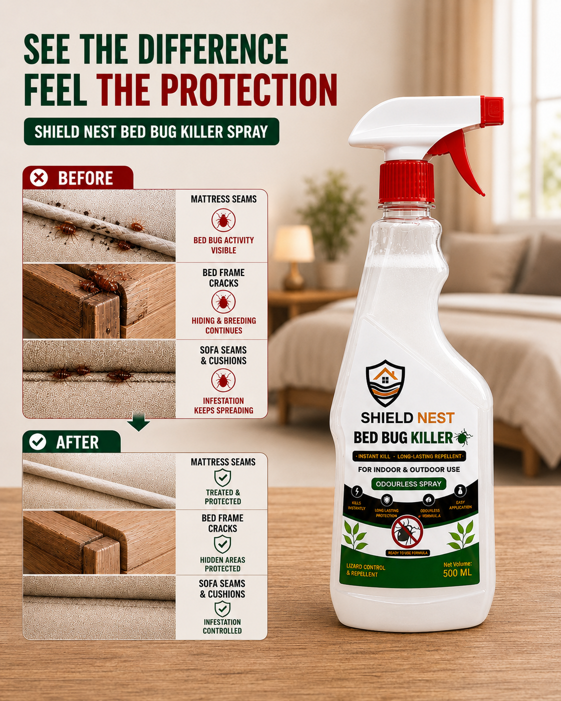 Bed Bug Killer Spray 500ml –  Kills Bed Bugs & Eggs (Indoor Safe)
