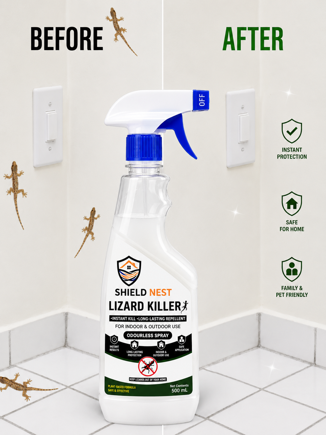 Lizard Killer – Odourless Instant Kill & Long-Lasting Repellent Spray For Indoors & Outdoors |SHIELD NEST
