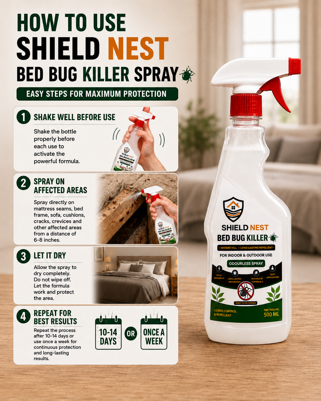 Bed Bug Killer Spray 500ml –  Kills Bed Bugs & Eggs (Indoor Safe)